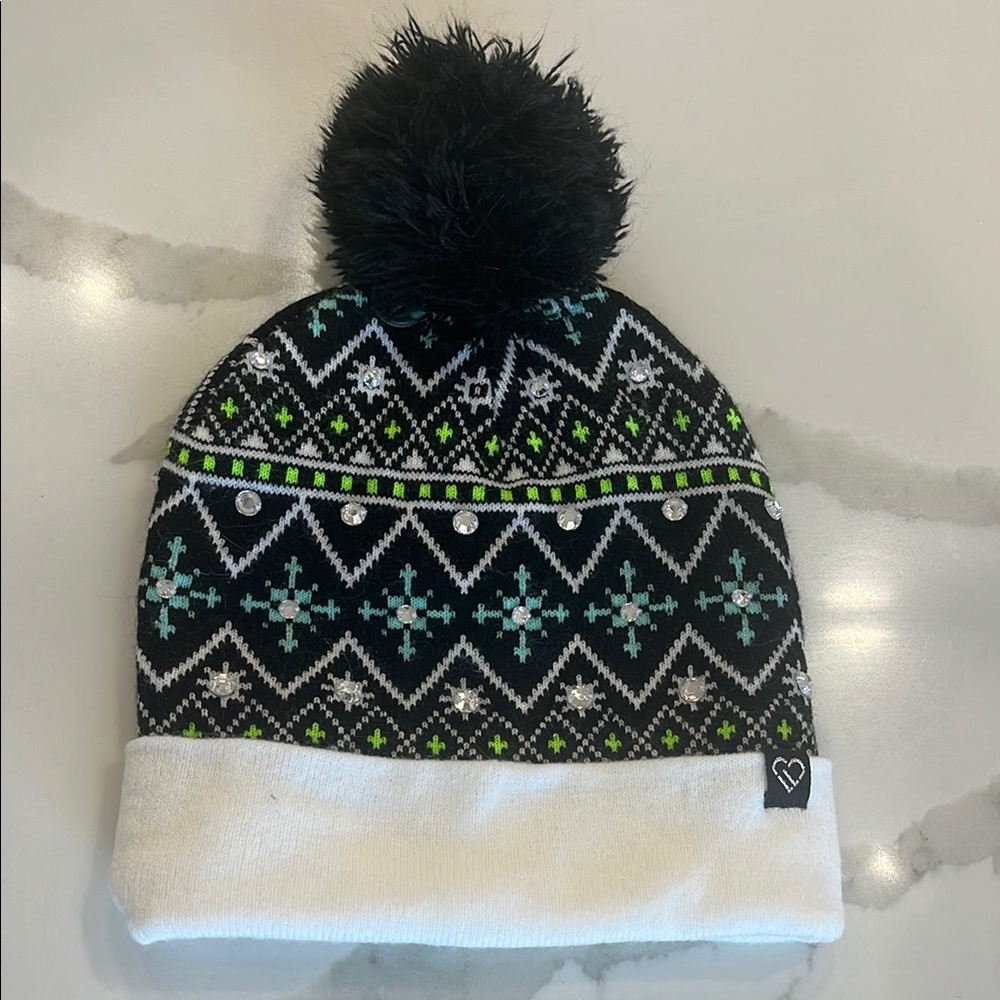 Justice Live Love Dream‎ Rhinestone Knit Pom Pom Beanie Hat Gray Teen Adult